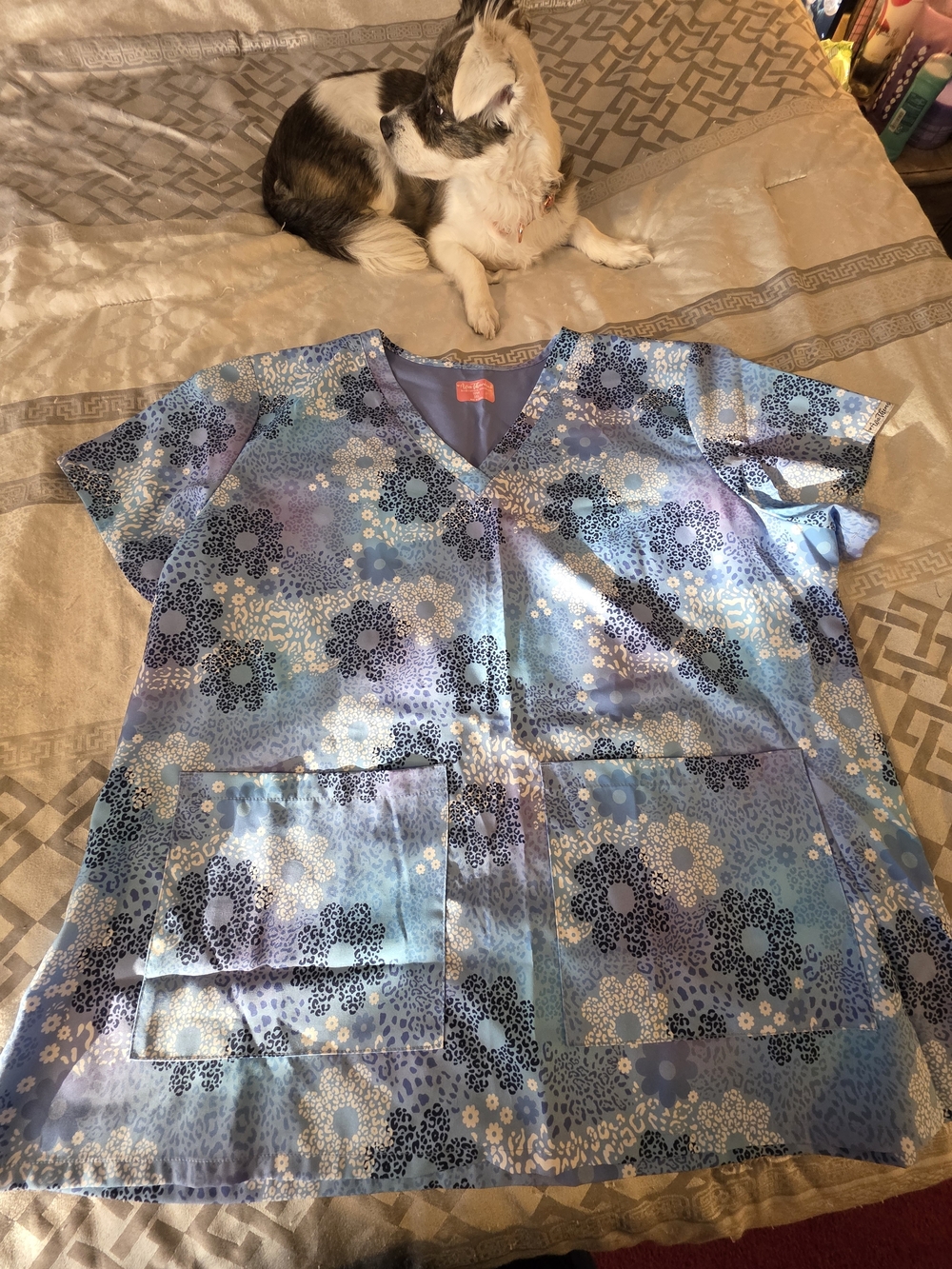 Blue Floral V-Neck Women's Scrub Top